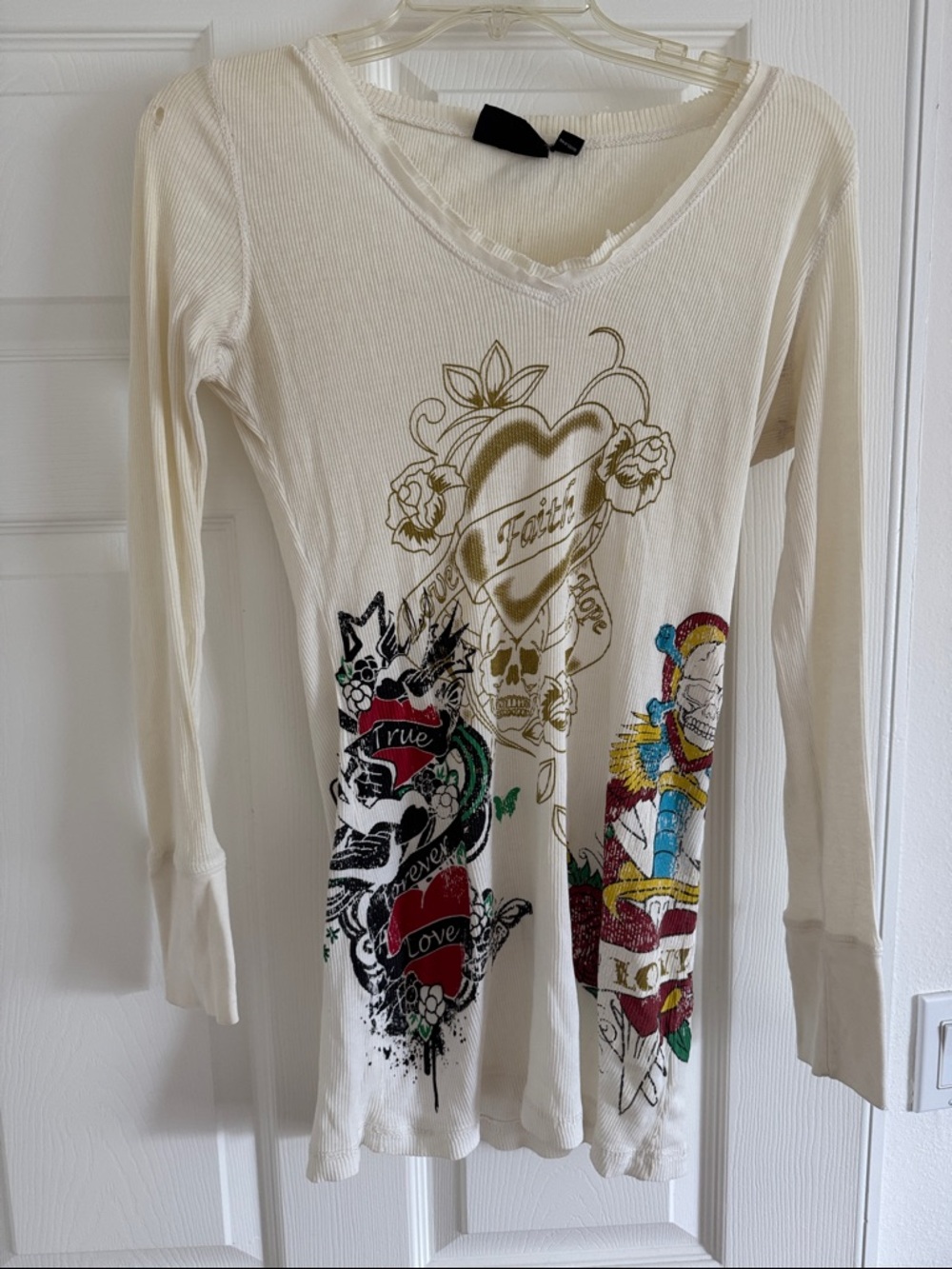 Cream Graphic Long Sleeve Tee with Heart and Tattoo Artwork
